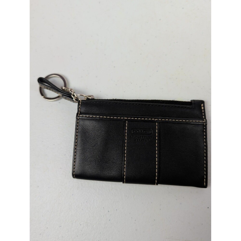 Coach Black Leather Zip Card Case With White Contrast Stitching